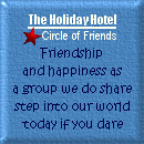 Holiday Hotel Circle of Friends' quilt square - blue with a red star. Friendship and happiness as a group we do share. Step into our world if you dare.