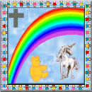 From Miriam - cloud background with rainbow, teddy bear, cross, and unicorn on it.